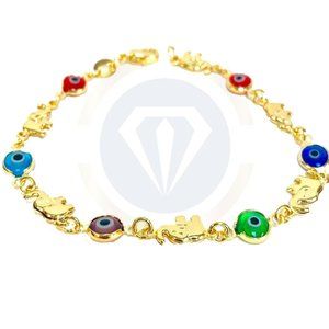 14K GF Women's Evil Eye Bracelet/Elephant Bracelet/Pulsera Para Mujer Mal de Ojo